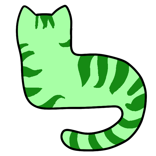 green silhouette of a cat lying down with its head up and tail curved below. it has stripes 